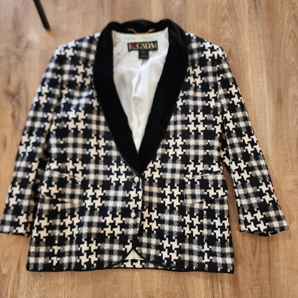 Vintage Escada Plaid Houndstooth Blazer Velvet Collar Classic Wool Sz 42 - Picture 3 of 15